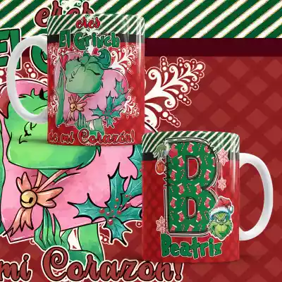 vectores plantilas PAQUETE DE 7 DISEñOS DIFERENTES DE NAVIDAD DEL PERSONAJE DEL GRINCH CON MONOGRAMAS